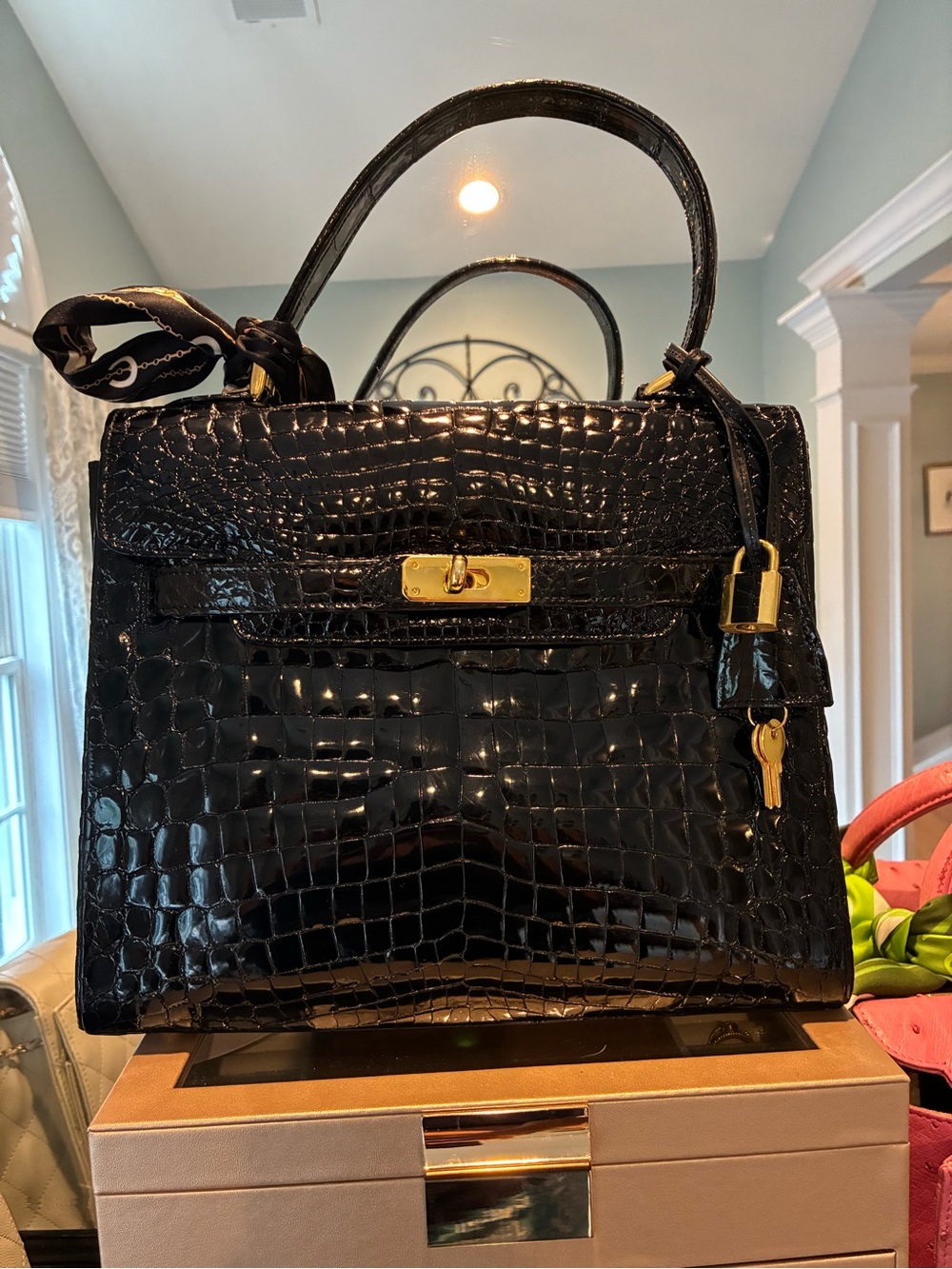 Handmade Lambskin Black Croc-Embossed Top Handle Bag with Gold Hardware.